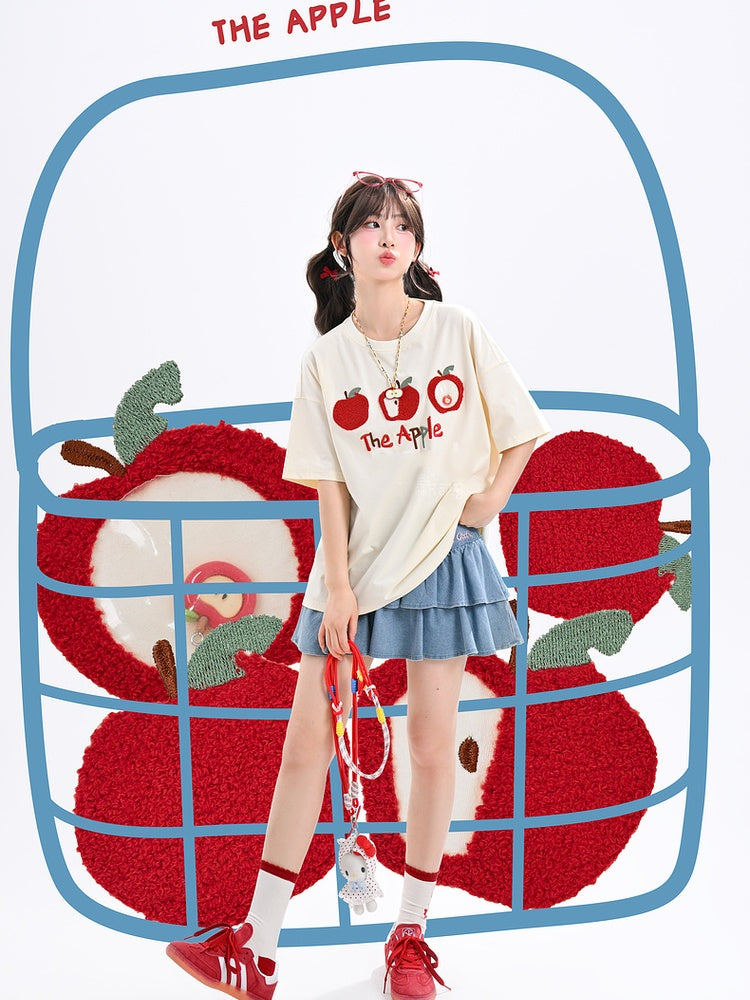 T-Shirt Apricot/Black Round Neck Apple Embroidery Loose