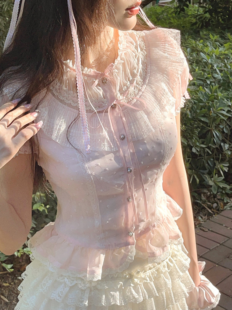 Puff Sleeve Top Pink Chiffon Polka-dot