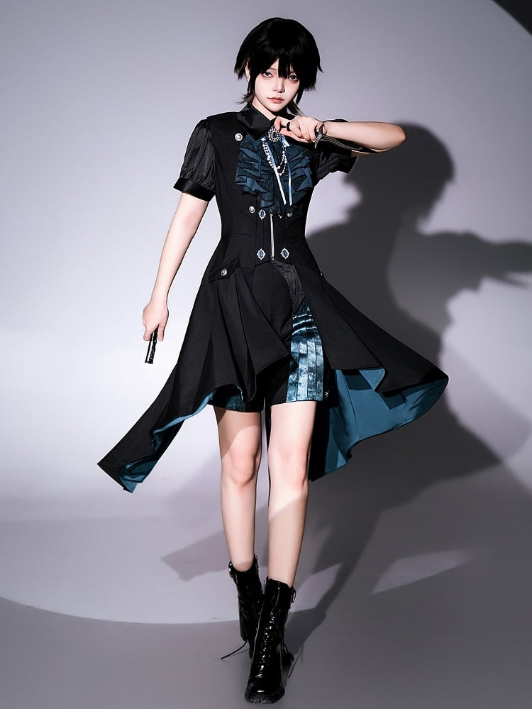 Ouji Pleated Blue and Front Straight-leg Lolita Black Shorts