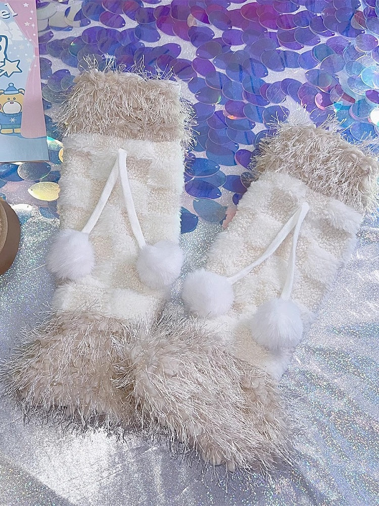 Style Charms Plush Leg Beige Y2K Pompon Warmers