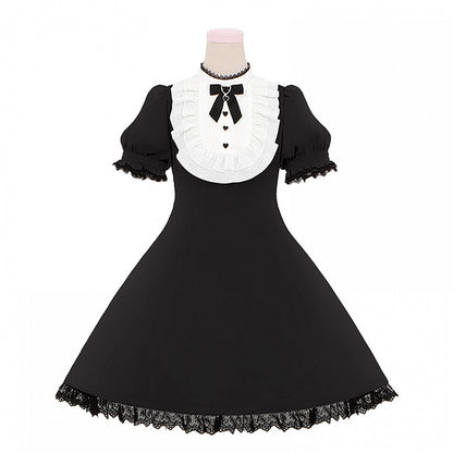 Blau/schwarzes Jirai Kei-Kleid mit Spitzenbesatz hinten und großer Schleife