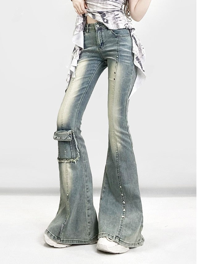 Decorated Jeans Faded Cuffs Y2K Frayed Glamorous Blue Raw Flare Pocket Silhouette Wash and