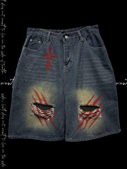 Print Blue Faded Holes Scratch Wash Distressed Wide-leg Denim Shorts