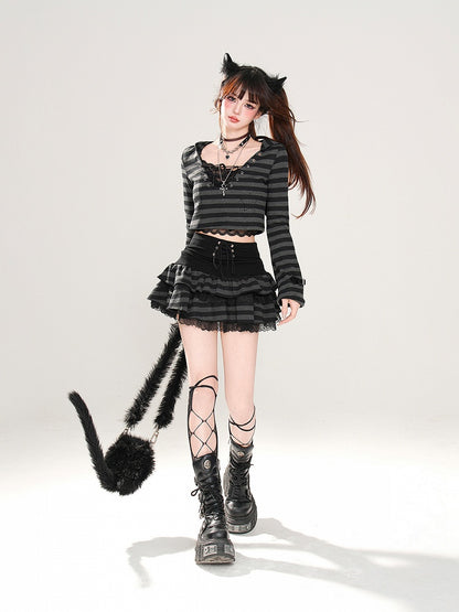 Glamorous Tiered Skirt Black Striped Lace Trim Lace-up Waist