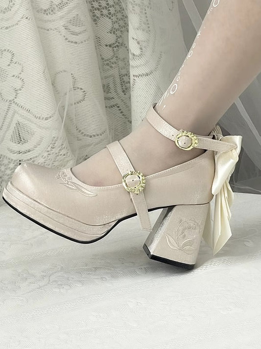 Janes Heels Embroidery Mary of Lily Detachable Champagne Bowknot the Valley Middle
