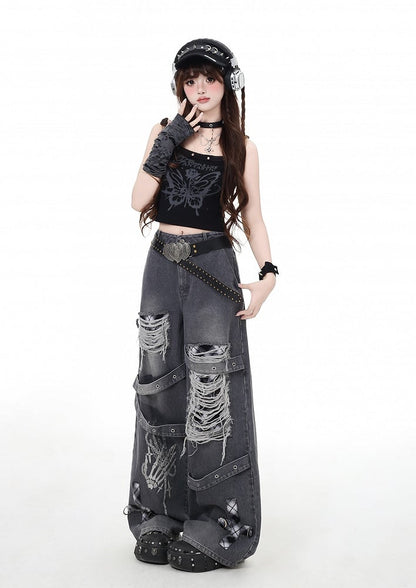 Grey/Red Plaid Punk Wide-leg Holes Faded Vintage Wash Distressed Jeans
