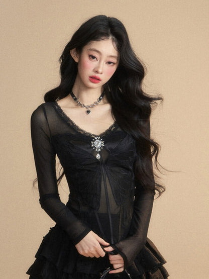 Rhinestone Embellished Glamorous Top Black V-neck Butterfly Embroidery