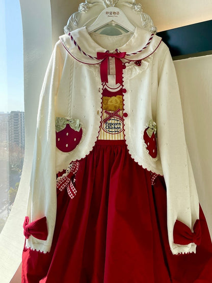 White Long Sleeves Strawberry Applique Cardiagn
