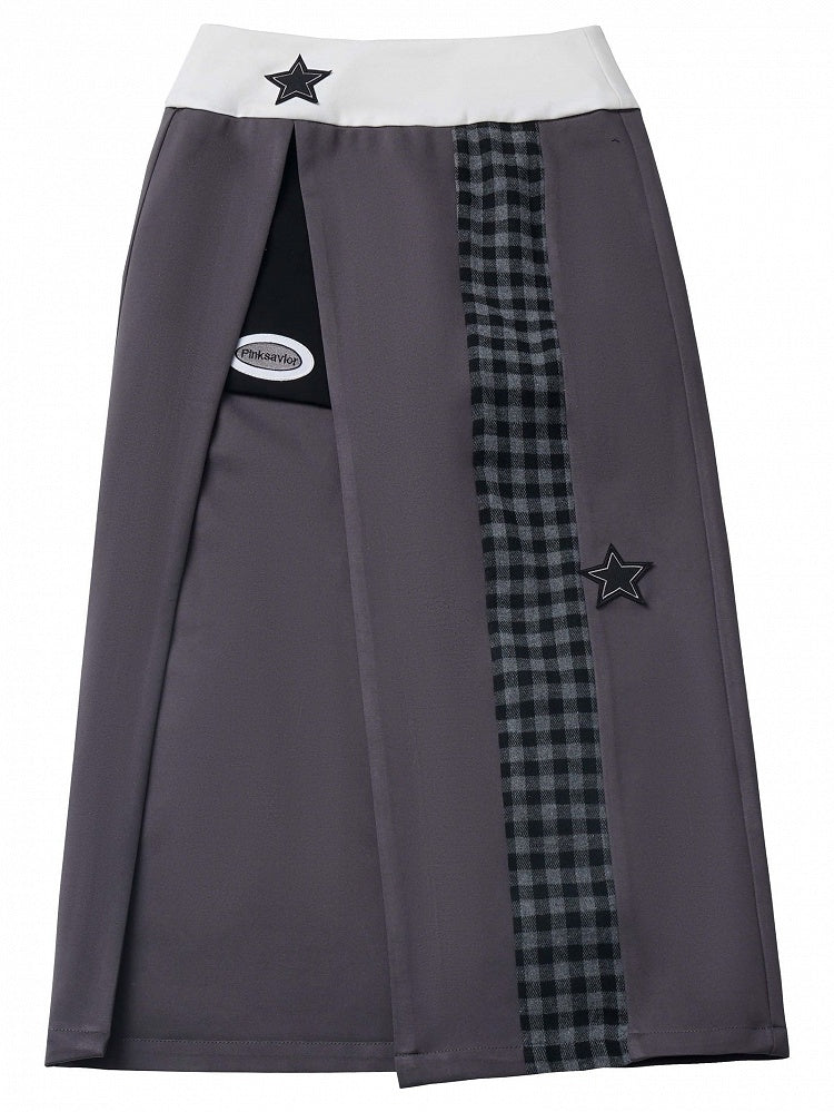 グレーパープルのスターアップリケ付き太もも丈スリット入りチェック柄ロングスカート