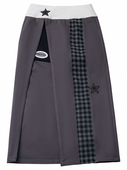 グレーパープルのスターアップリケ付き太もも丈スリット入りチェック柄ロングスカート