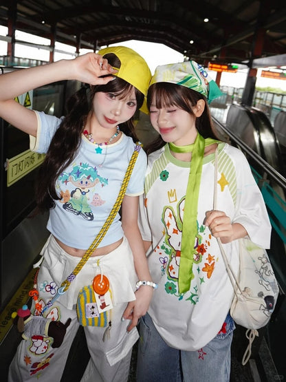 White Low Cartoon Bunny Print Waist Wide-leg Jeans