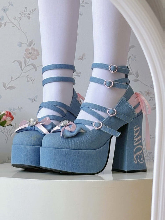 Heels Bow Platform Lolita - Design Crisscross Block Blue at High Top Sweet