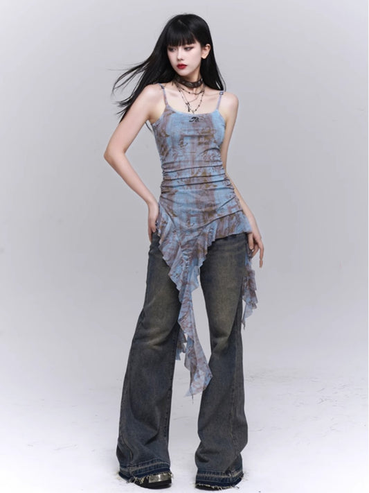 Light Blue Asymmetrical Flounce Hem Ruched Waist Glamorous Cami Top