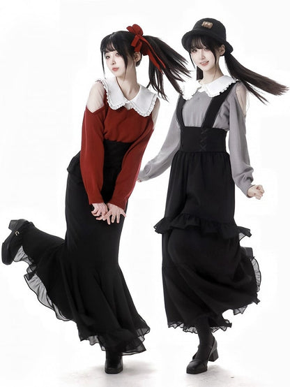 Black Lace Details Ruffle Trim Overall Pants