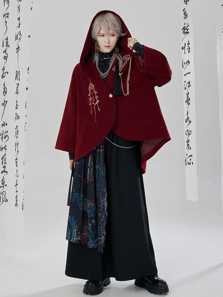 Red New Year Outfit Details Unisex Hooded Cape Coat
