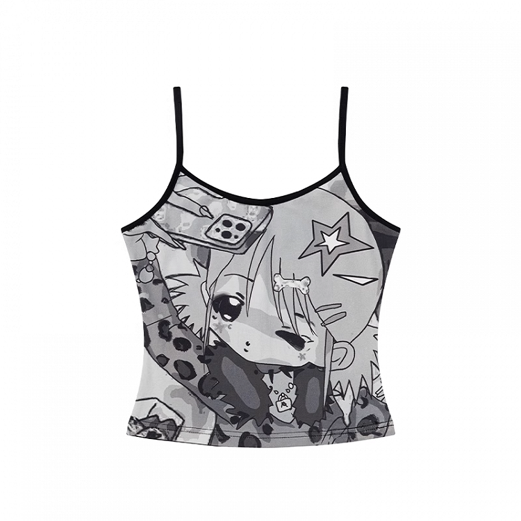 Y2K Cartoon Print Black Scoop Neckline Slim-fitting Cami Top