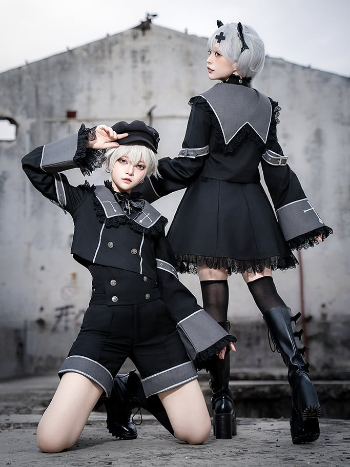 Ouji Long Square and Top Black Lolita Gray Cross Cropped Embroidery Collar Sleeves