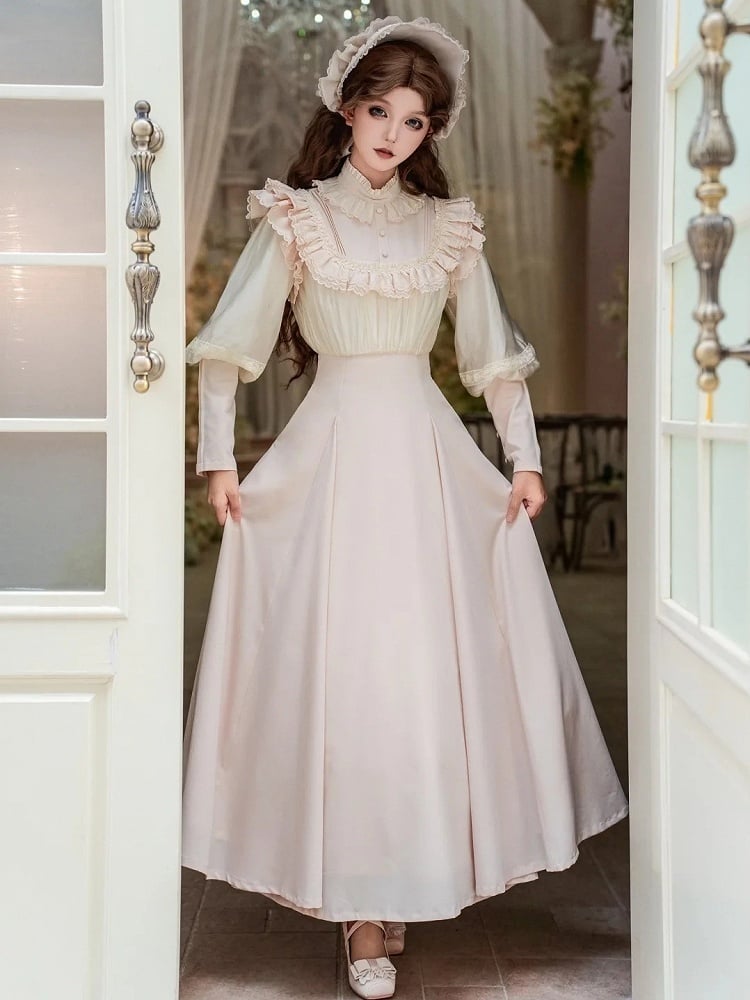 Long-Sleeve Ruffled Beige Classic Dress Elegant Waist Lolita High