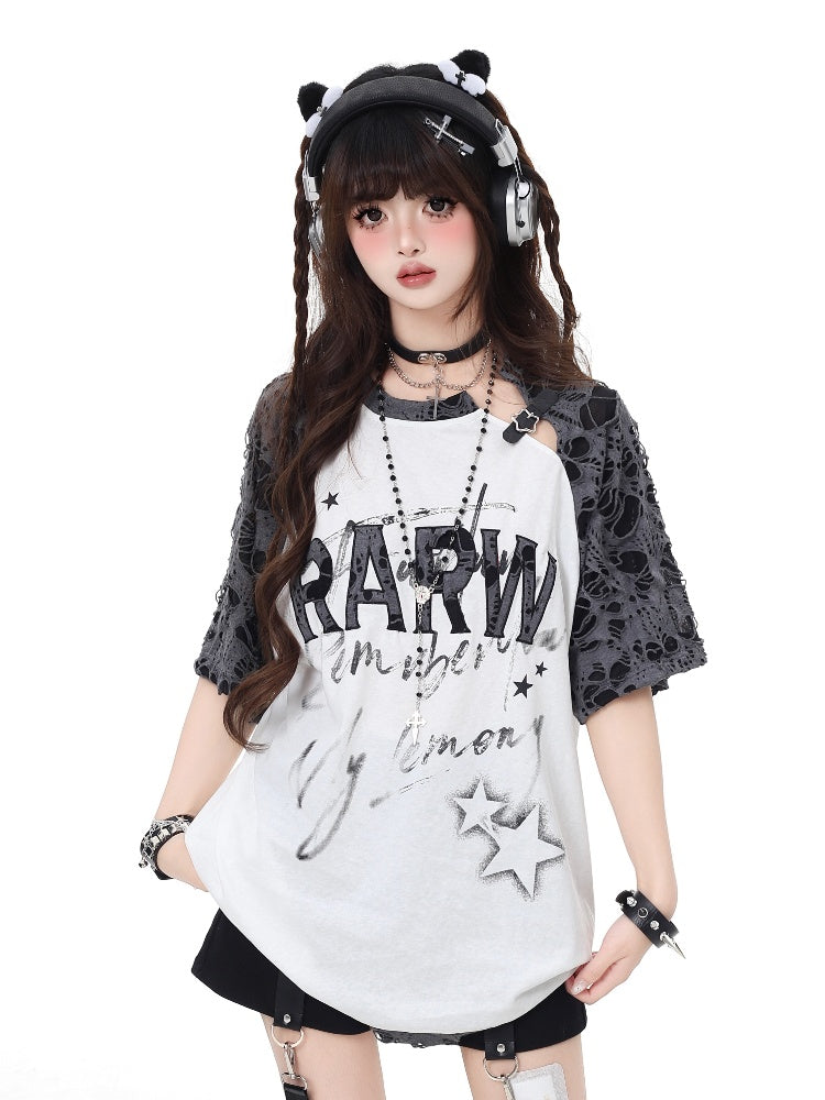 White Distressed Holes Star Buckle Graphic T-Shirt
