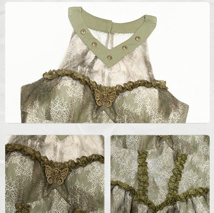 Halter Fairy Tie-dyed Forest Neck Waist Basque Dress Green Light