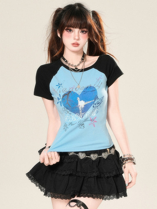 Print T-shirt Glamorous Bittersweet And Letter Animal Heart Blue