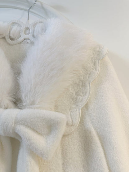 White Detachable Cozy Faux Fur Collar Winter Woolen Coat