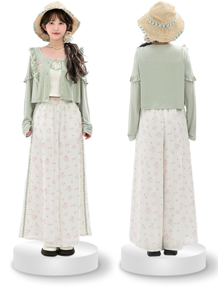 Short/Regular Lace Trim Wide-Leg Pants Floral White Elastic Waist Ruffled Version
