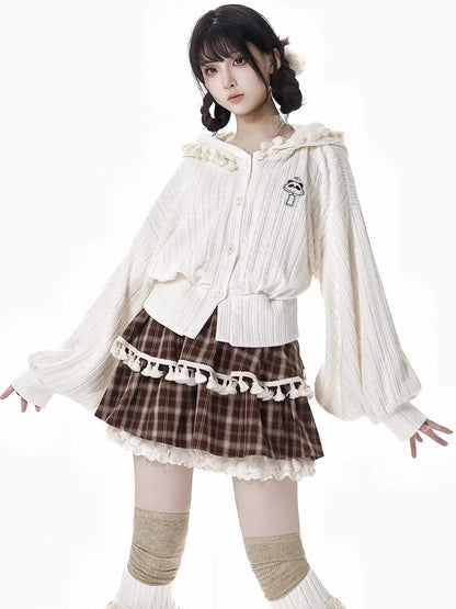 Brown Plaid Tiered Skort Ruffle Cuffs Fringe Trim