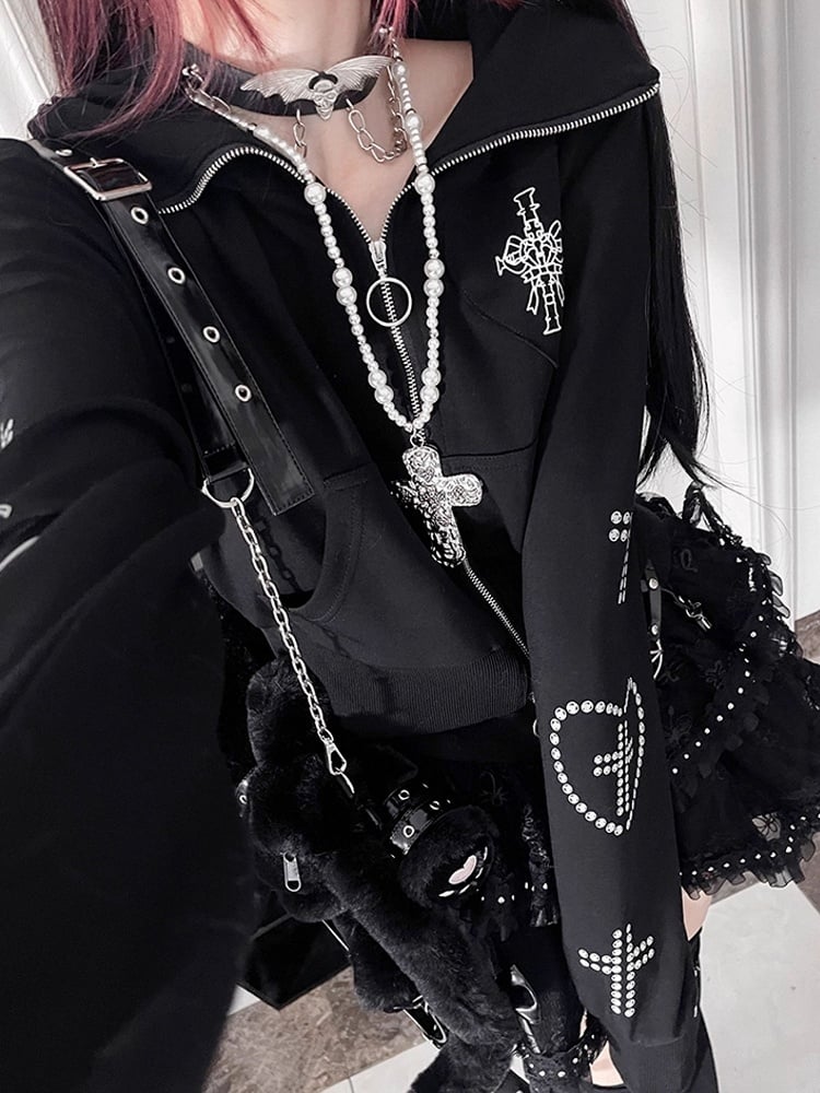 Cross And Bittersweet Kapuzenjacke mit Ohren und schwarzem Katzenherz-Design