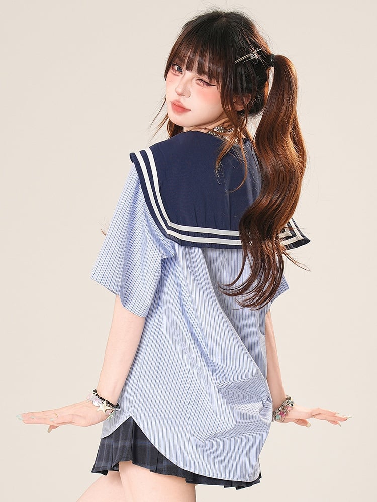 Collar Blue Pattern Bow Daily Sailor With Striped Kawaii Shirt