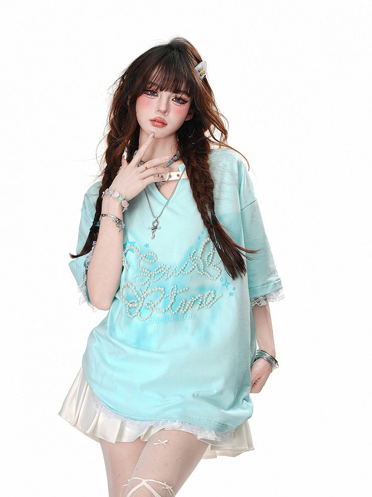 Mint Green/Black/White V-Neck Heart Buckle Bead Details Lace Trim T-shirt