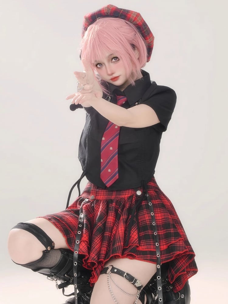 Mini Straps Red Skirt With Plaid Black Pleated Metal Punk Buckle