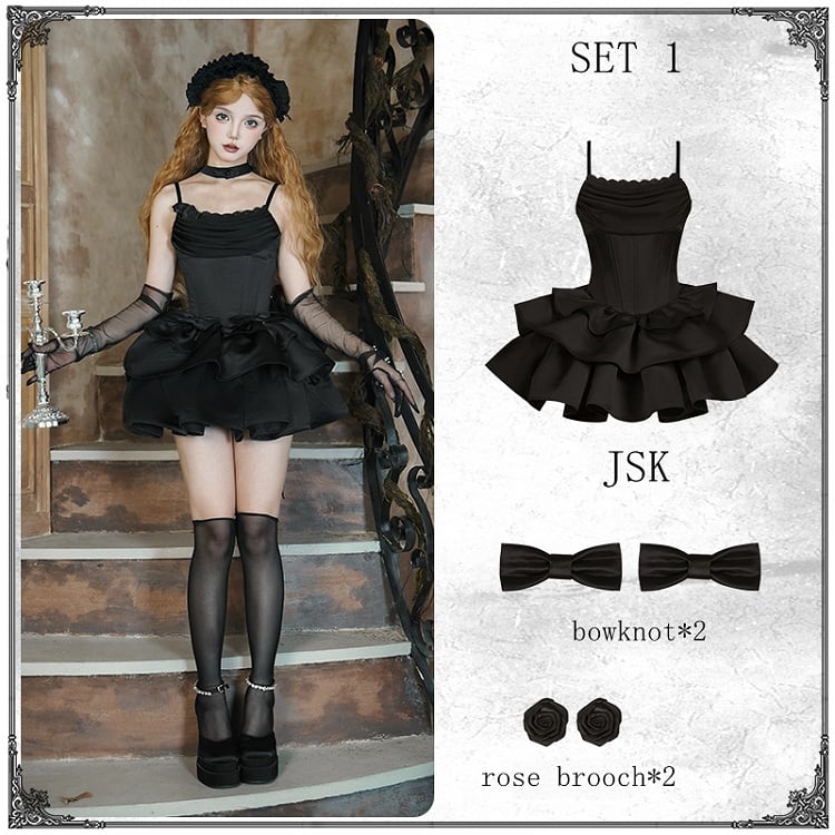 Lolita Full Black Boned Spaghetti Elegant Set Waist Cowl Basque Skirt Neckline Dress Jumper