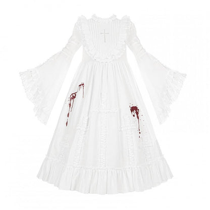 Langes und Ausschnittförmiges Rüschenkleid mit gerüschter Blutversion und Kreuz-Lolita-Stickerei, Gothic-Kleid, Weiß