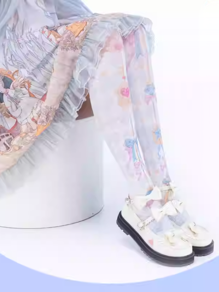 Bas Lolita au-dessus du genou Yume Kawaii à motif de diamants bleus et imprimé nœud