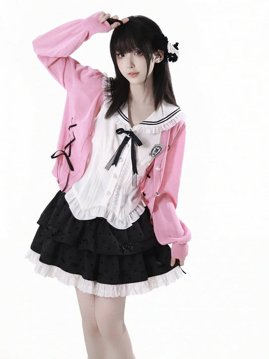 Pink Lace-up Details Front Heart Button Placket Summer Knit Cardigan