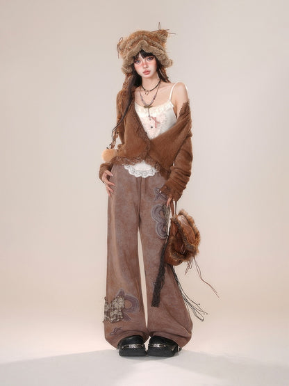 Wide-leg Applique Plaid Cut Brown Butterfly Pants