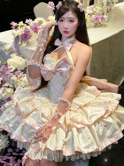 Creamy Bowknot Fabric Tiered Puffy Skirt Halter Neck Birthday Corset Dress