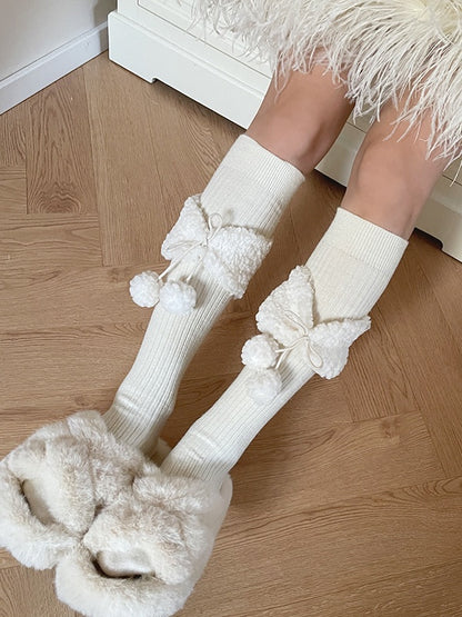 White Black Sweet Bowknot Stockings With Pompons