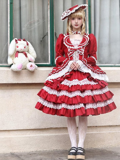 Red Gorgeous Tiered Ruffle Skirt Puff Sleeves and Bell Sleeves Lolita Dress