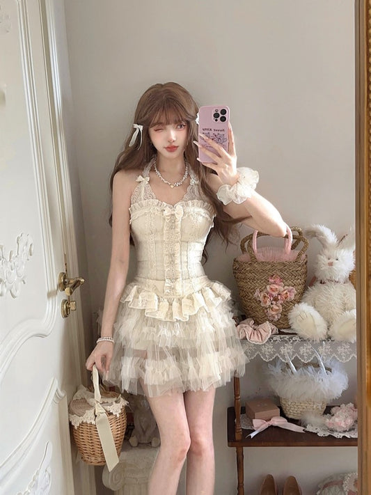Bustier With Embroidery Corset Floral Lace Bow White Detachable Ruffled