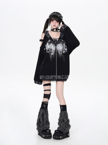 Zip-up Hooded Jacket with Distressed Holes and Cutout Shoulder White/Black