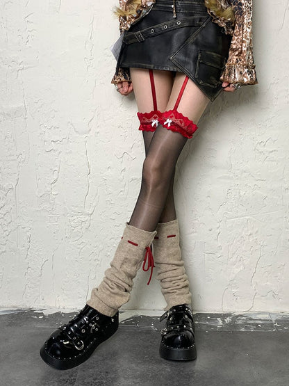 Black Red Y2K Bowknot Lace Suspender Tights