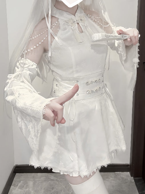 Jirai Kei White Jacquard Cheongsam with Set Detacable Collar Waist Chain+Lace-up Top Beaded Shorts