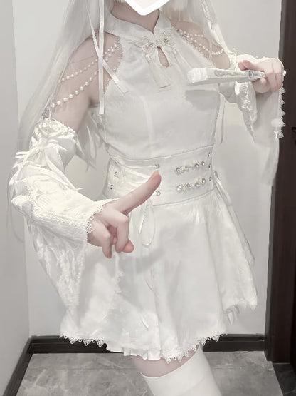 Jirai Kei Weiße Jacquard-Schleife im Cheongsam-Stil mit ausgestellten Armbekleidungsakzenten