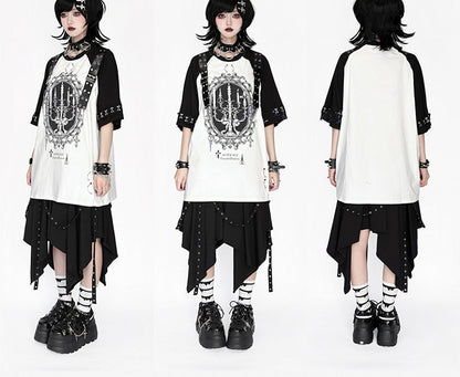 Shoulder Punk on Buckle Frame Print Picture with Cuffs Candelabra Rock Black White T-Shirt and - Details