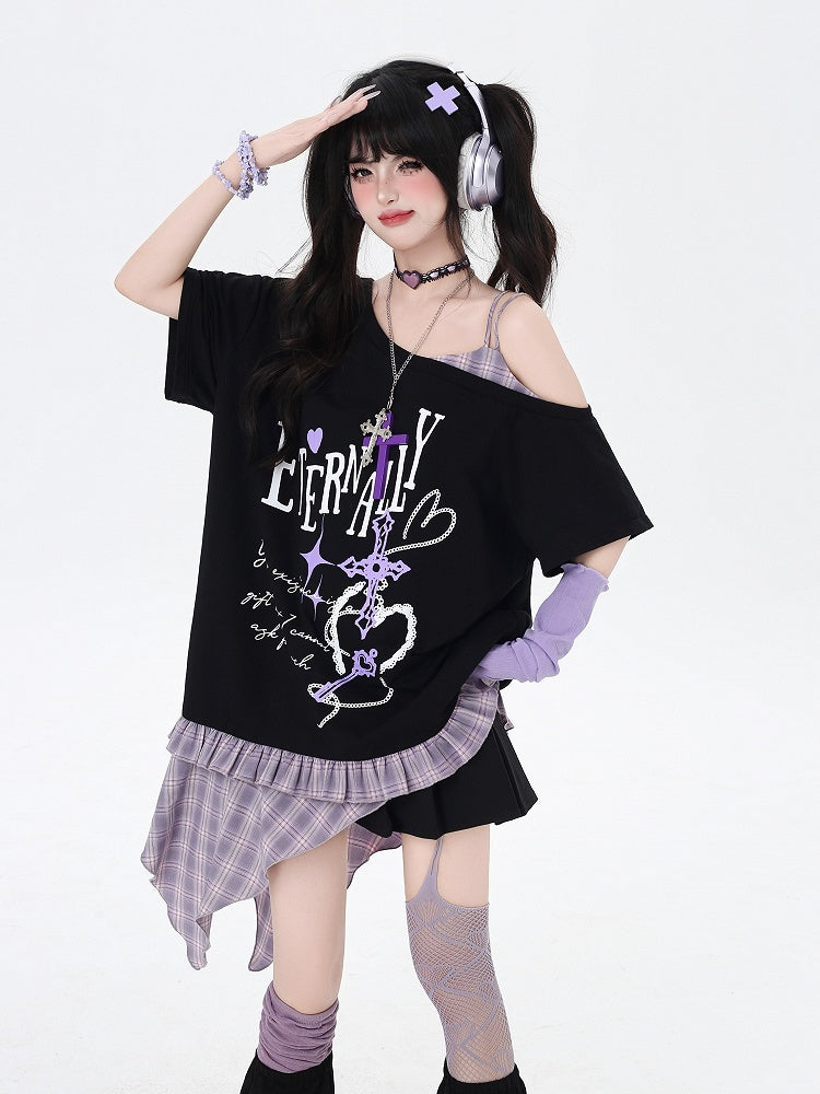 Asymmetrical Red/Purple Plaid Hem Black Punk Rock Graphic T-Shirt