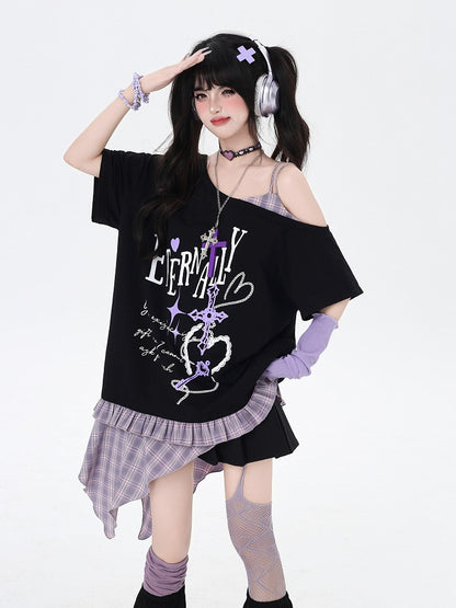 Asymmetrical Red/Purple Plaid Hem Black Punk Rock Graphic T-Shirt