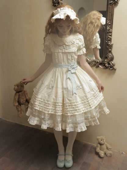 Dress Bow Collar Lolita Green Beige Cotton and Mint Pan Accents Peter