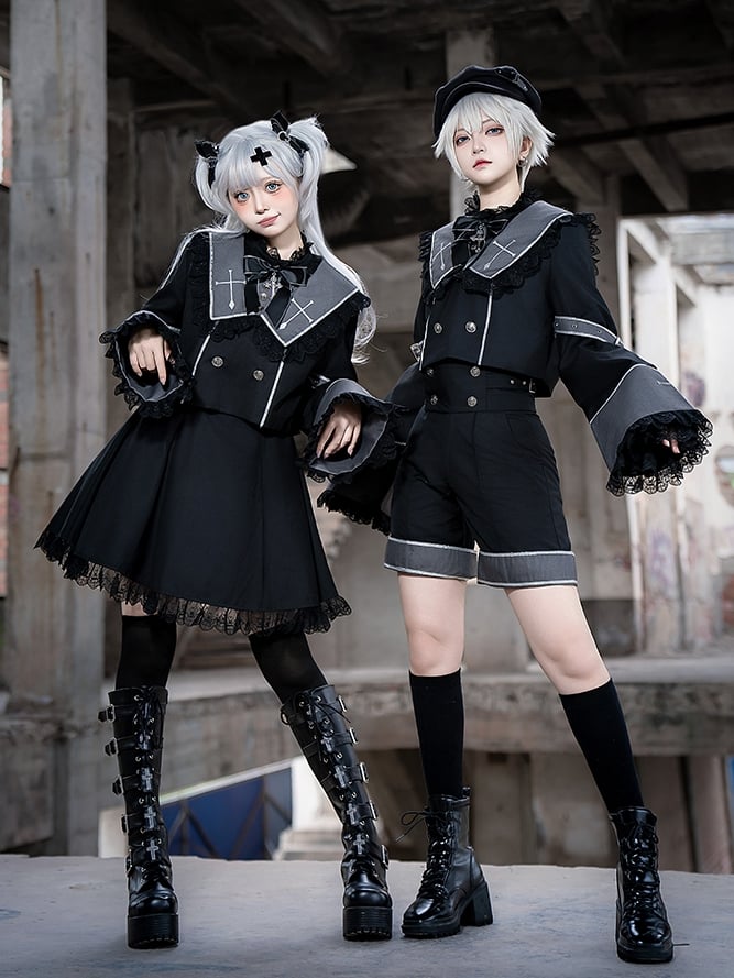 Ouji Long Square and Top Black Lolita Gray Cross Cropped Embroidery Collar Sleeves